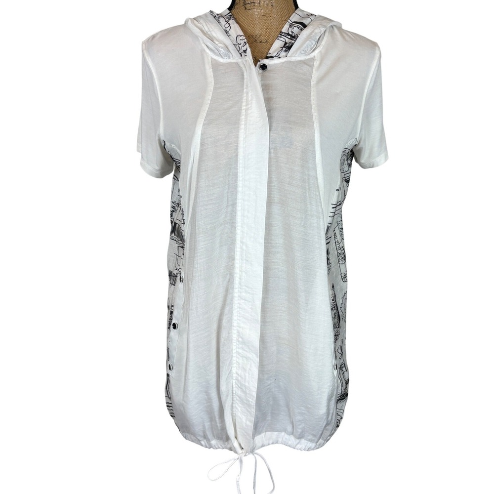 John Mark Hooded Short Sleeve Tunic White Black Tropical Sketch Size Medium